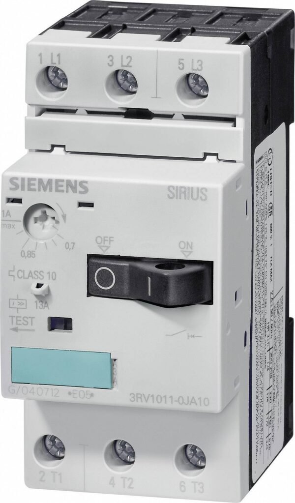 Siemens 3RV1011-0FA10 Circuit breaker 1 pc(s) 3 makers Adjustment range (amperage): 0.35 - 0.5 A Switching voltage (max.): 690 V AC (W x H x D) 45 x 90 x 81 mm